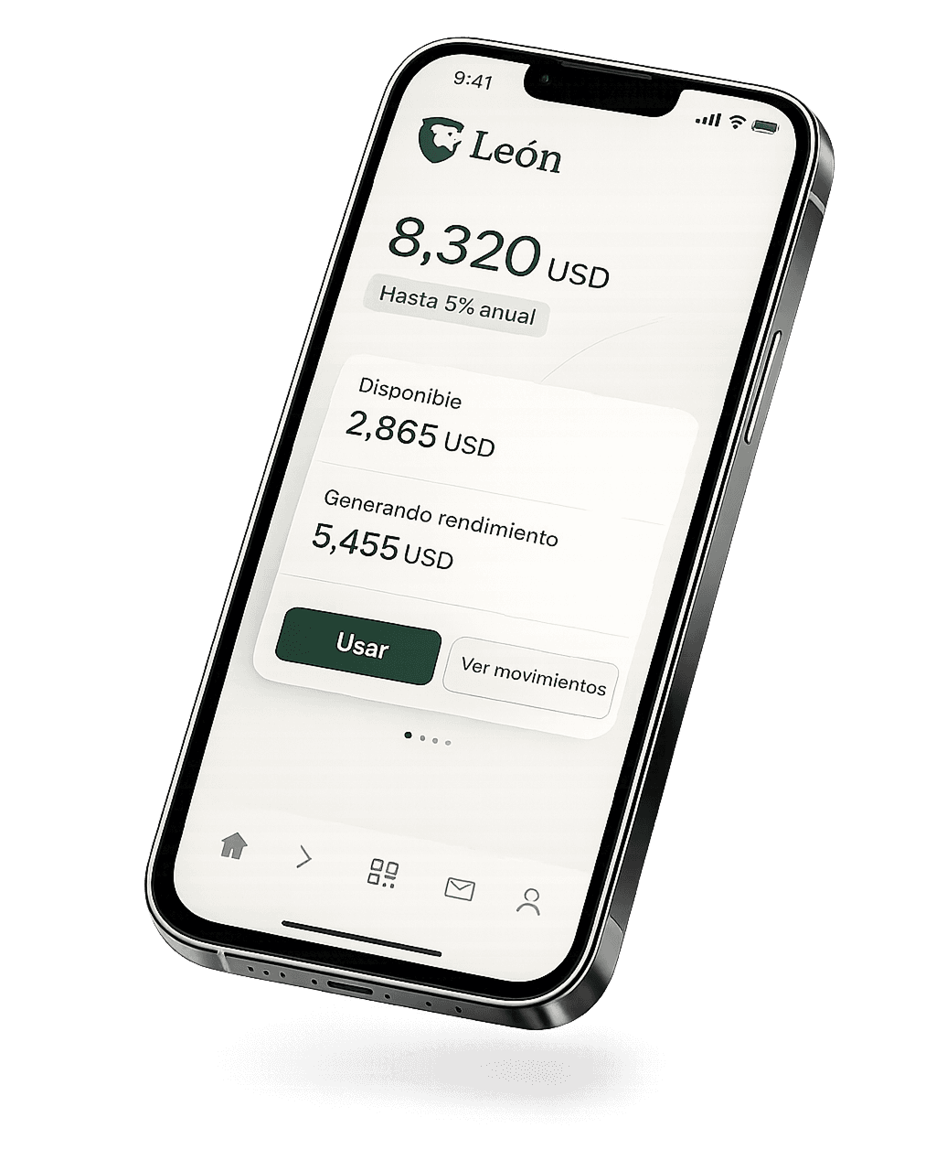 Vista inclinada de la app León mostrando saldo en dólares en un iPhone